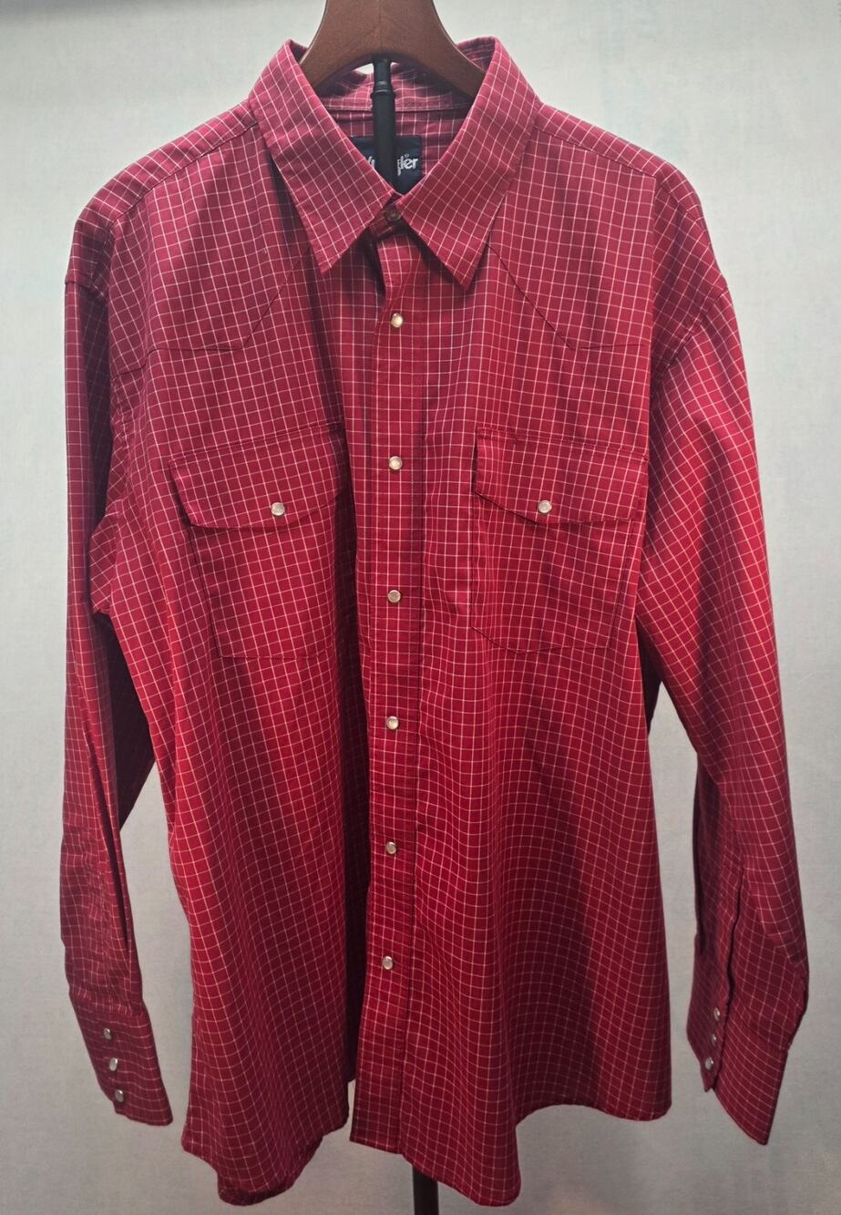 Wrangler Men's Western Shirt Red Grid Check Pearl Snap Long Sleeve Cowboy XXL